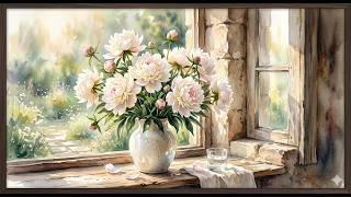 White Floral Bouquet by the Window 🌸 4K Samsung Frame TV Art | Cottage Floral Oil Painting Wall Art