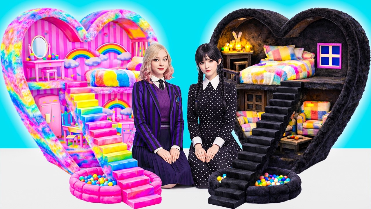 We Build a Secret Room: Enid VS Wednesday in Fluffy House | One Color Challenge by BOBAPIC