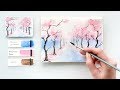 Cherry Blossom Alley. Easy watercolor tutorial