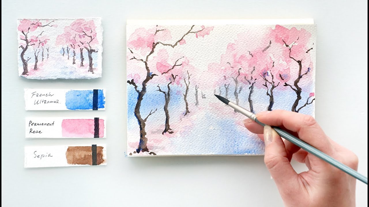 Cherry Blossom Alley. Easy watercolor tutorial - YouTube