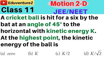 A cricket ball is hit for a six by the bat at an angle of 45° to the horizontal with kinetic energy