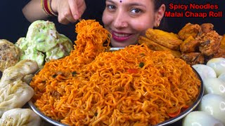 Eating Spicy🔥 STIR FRY Noodles, Malai Chaap Roll, Gobi Pakoda, Bolied Eggs, Momo | Food Eating Show