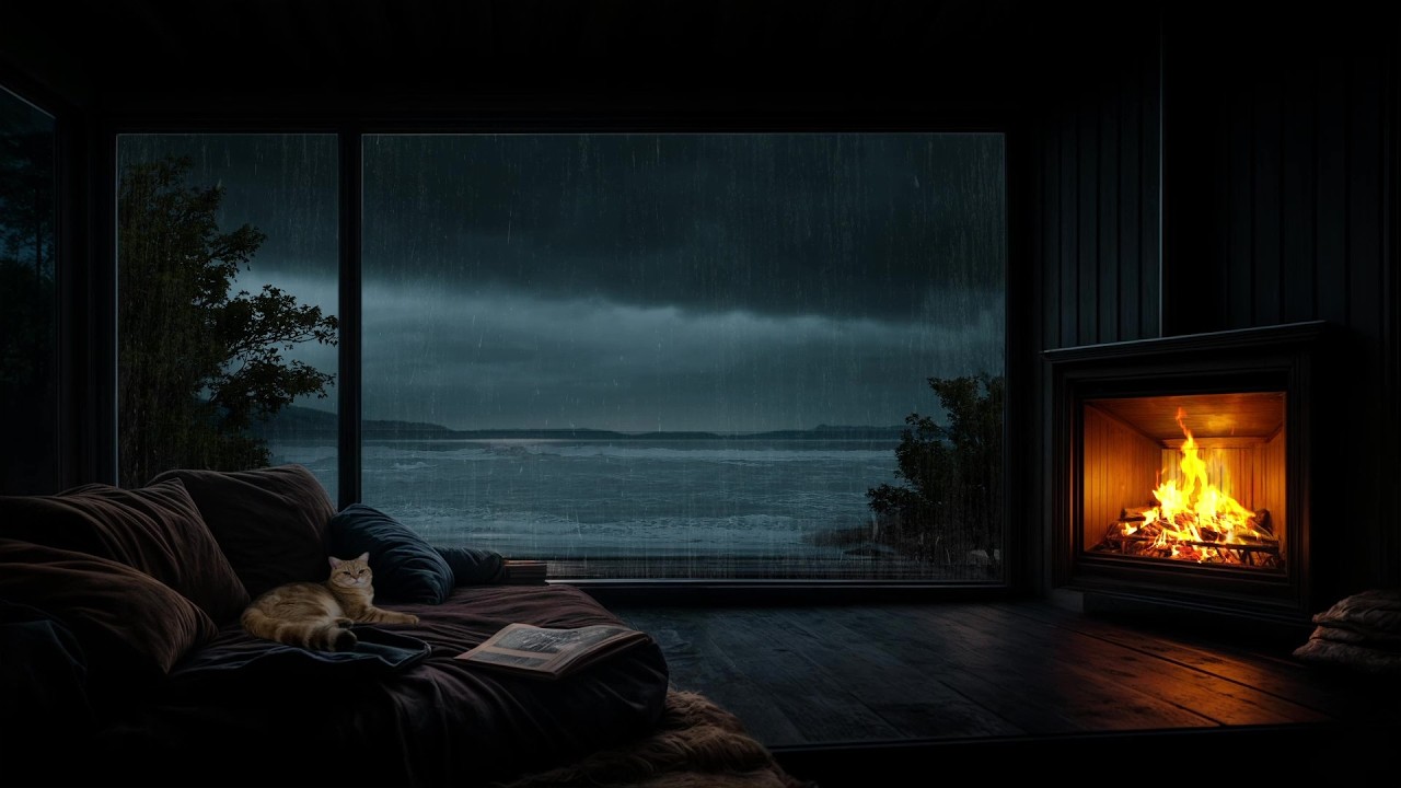 Heavy Sea Rain & Thunder 🌧️🌊 Cozy Lakeside Cabin Fireplace 🔥 Insomnia Relief Therapy (Ad-Free