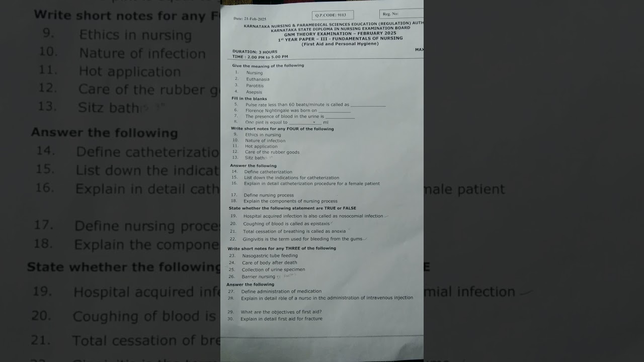 GNM 1st year Fundamental of Nursing 2025 question paper