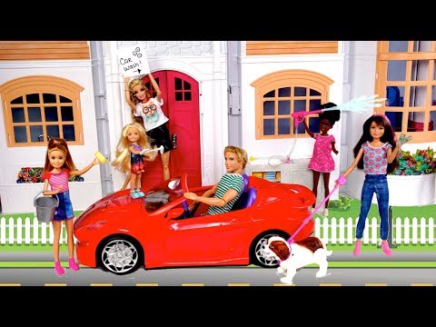 Barbie Chelsea Stacie New Chores Routine - Car Wash, Garage Sale Dog Walker