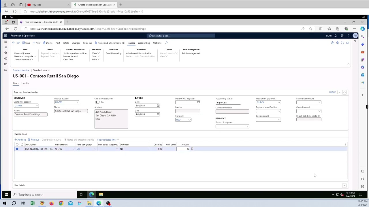 Microsoft Dynamics 365 Free Text Invoice for Engineering Fee