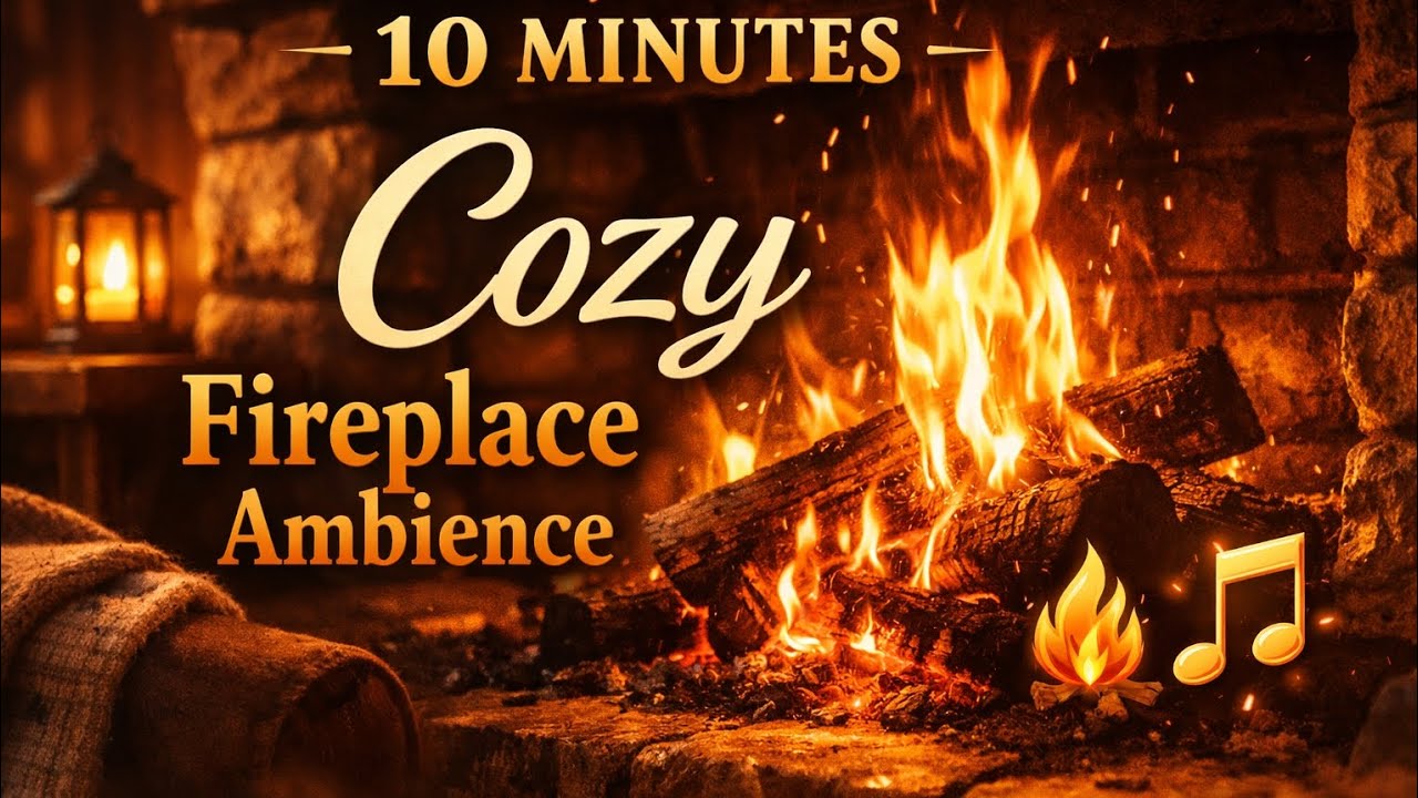 10 Minutes Cozy Fireplace Ambience  Relaxing Instrumental Music & Crackling Fire Sounds
