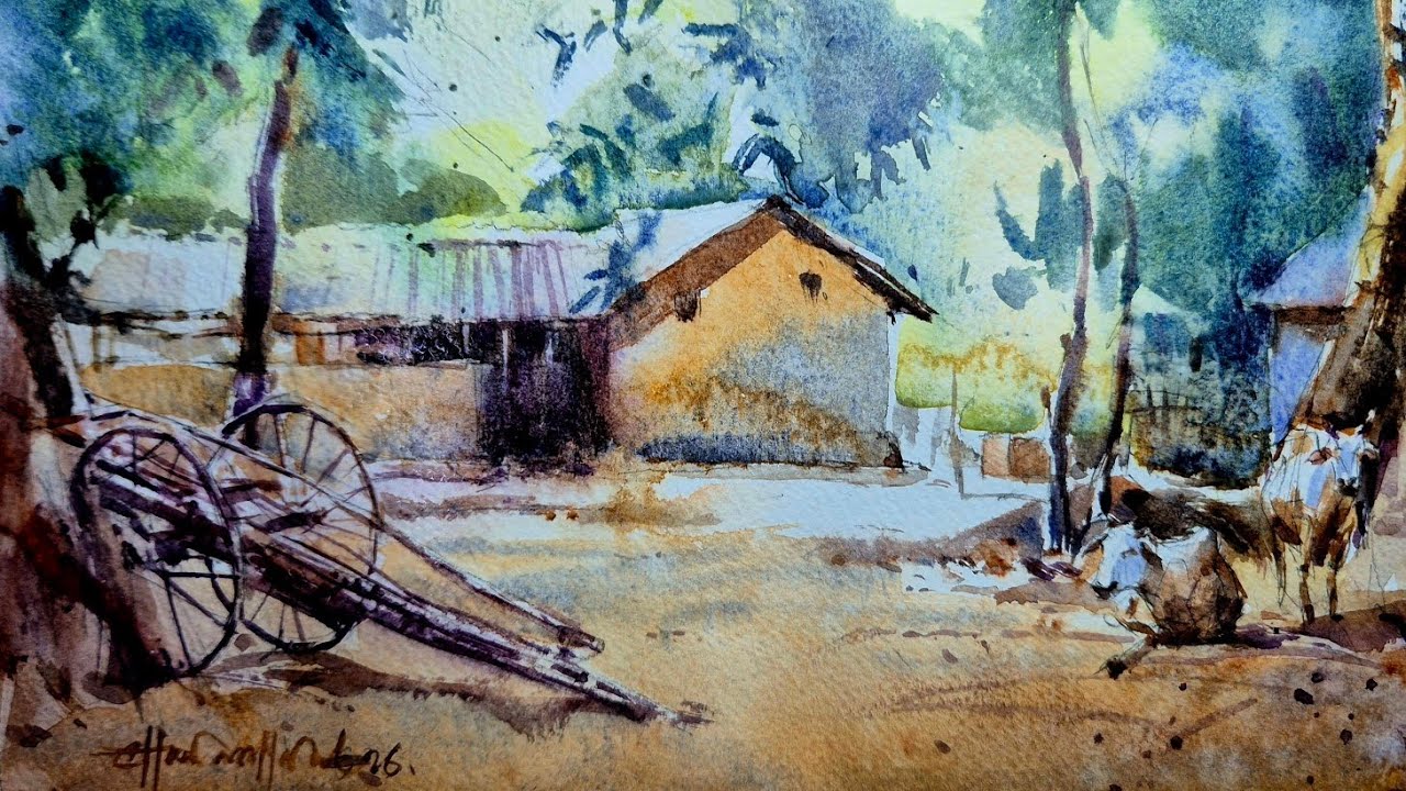 Village life scenery watercolor | traditional csafineart watercolor painting