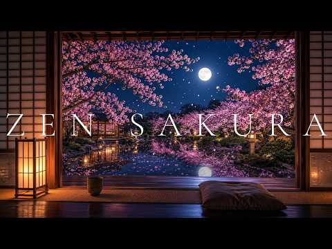 🌸 Zen Sakura Night by the Moonlit Pond 🏮 Relaxing Piano Jazz to Unwind & Chill | 2 Hours