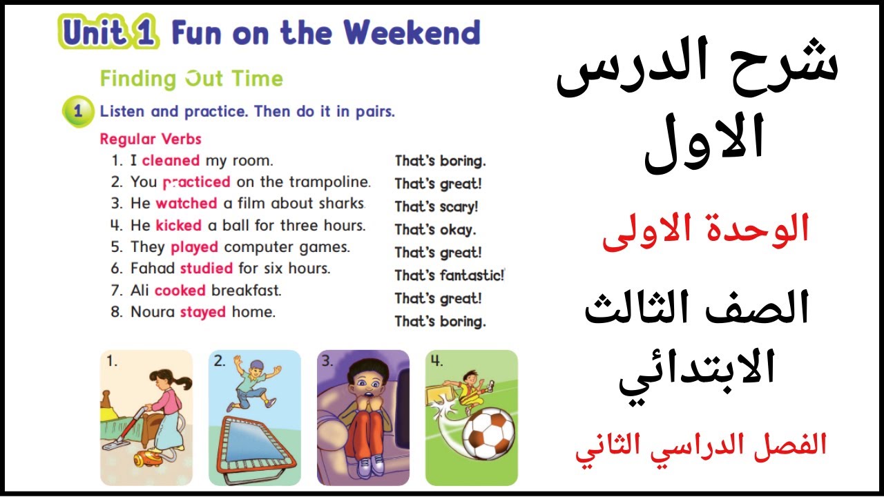 شرح الدرس الاول الوحدة الاولى انجليزي الصف الثالث الابتدائي الفصل الدراسي الثاني Fun on the weekend