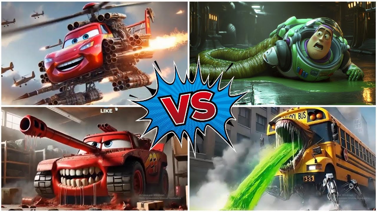 Lightning McQueen 🆚 Buzz lightyear exe 🆚 Lightning McQueen Tank 🆚 School Bus - Spinning Wheel