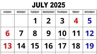 Calendar July 2025 | July Calendar 2025 with Holidays | July 2025 Calendar | Calendar July 2025