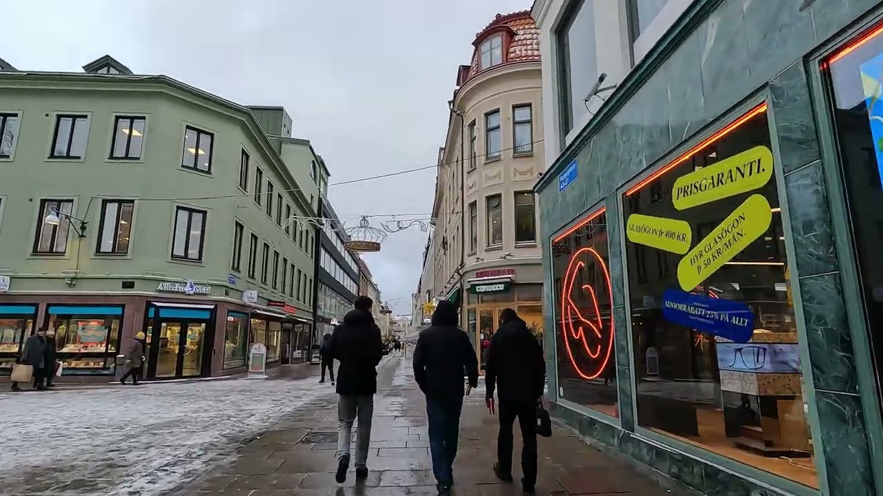 Gothenburg Sweden Walk from Domkyrkan to Kungstorget on a snowy day 4k