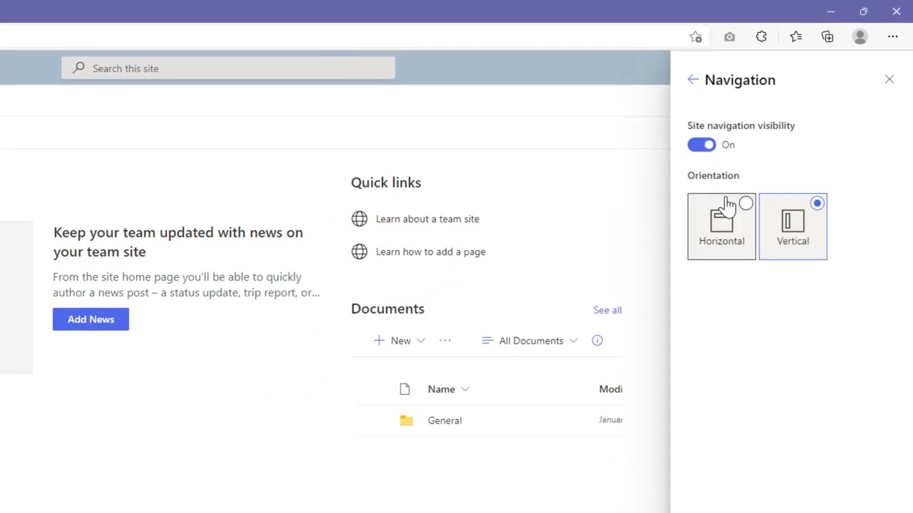 SharePoint Navigation - switch from vertical to horizontal - YouTube