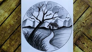 رسم سهل/رسم بالفحم/تعليم رسم منظر طبيعي خطوة بخطوة للمبتدئين تعلم رسم منظر طبيعيeasy scenery drawing