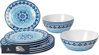 Blue Fontana 12 Piece Durable Melamine Dinnerware Set Shatter Resistant and Dishwasher Safe