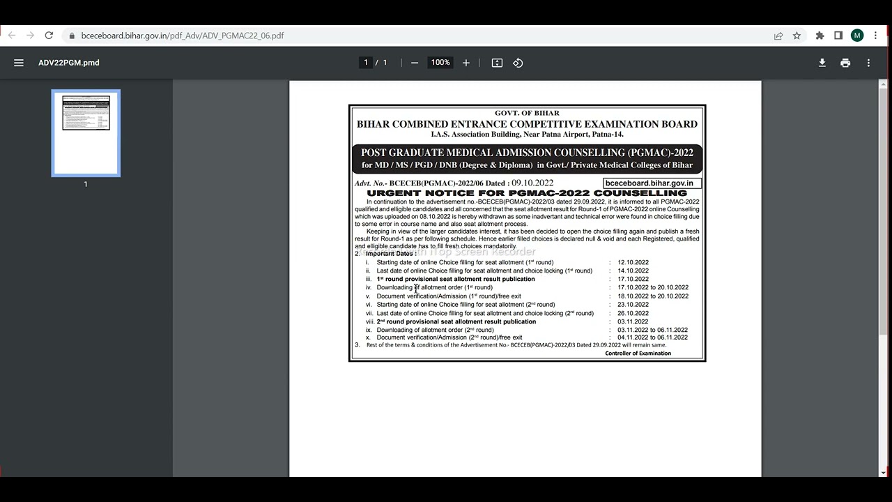 [PGMAC-2022]: Urgent Notice [Choice Filling] For PGMAC-2022 Counselling | BCECEB Patna
