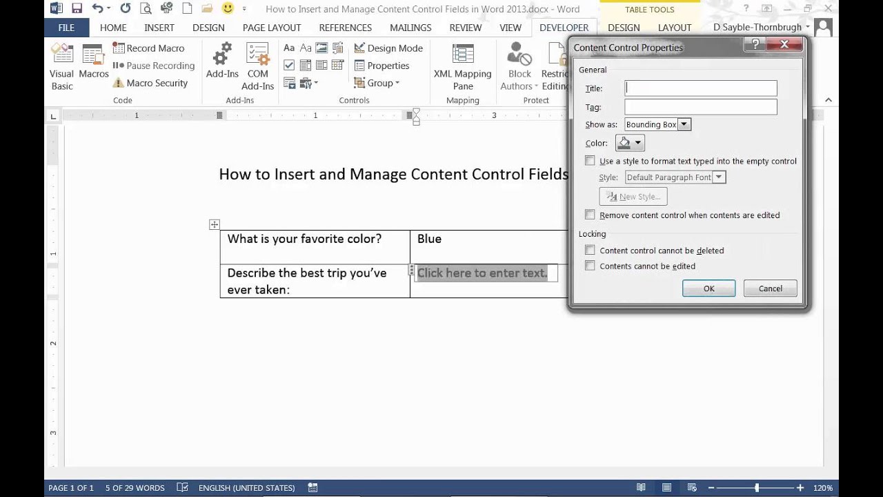 microsoft word content control fields format color