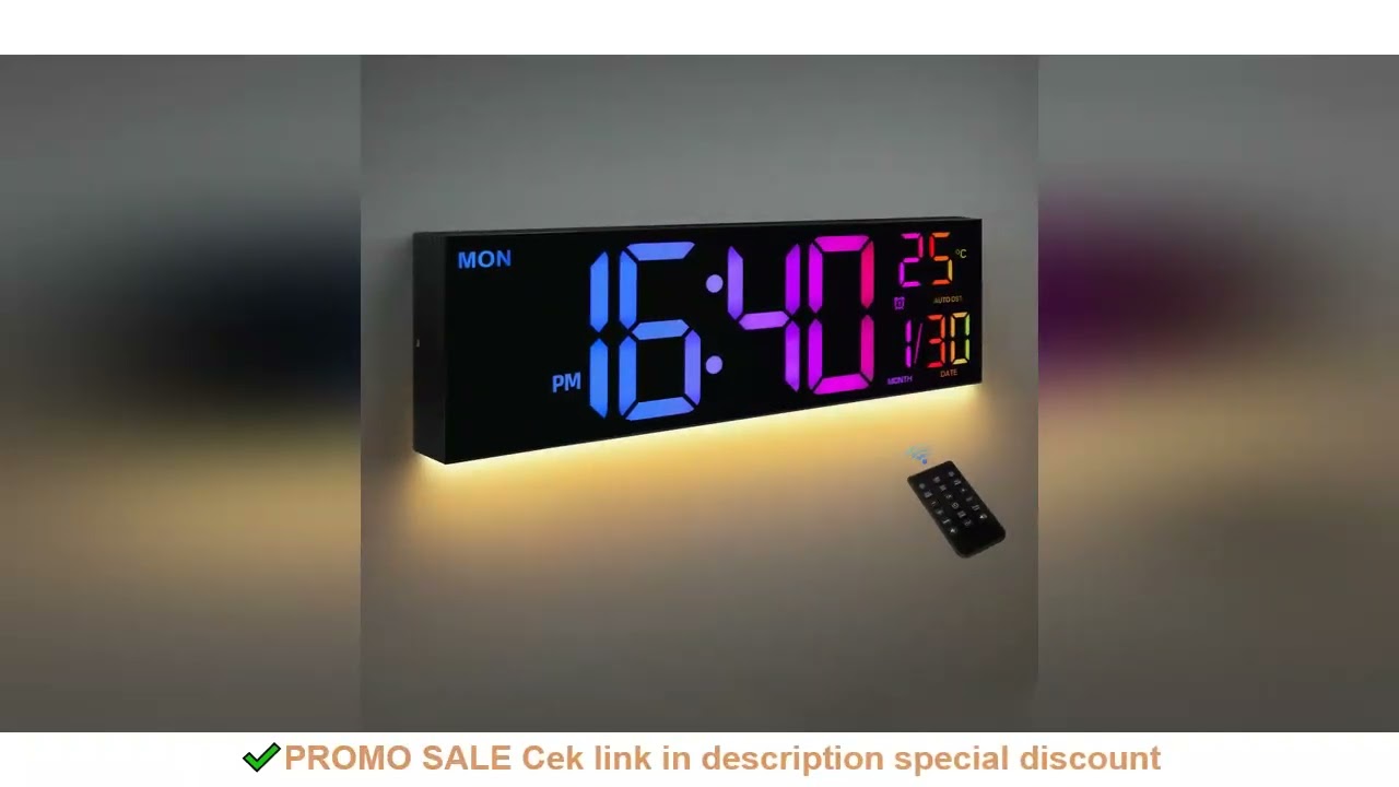 16" Large Digital Wall Clock, Big LED Display with Remote, 8 RGB Color, Alarm, DST, Temperature for