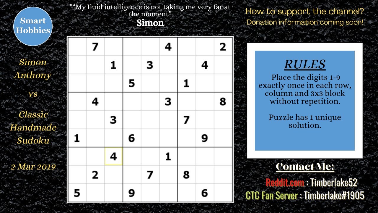 Sudoku Techniques Used By World Champions - Simon vs Classic Handmade Puzzle 2 Mar 2019