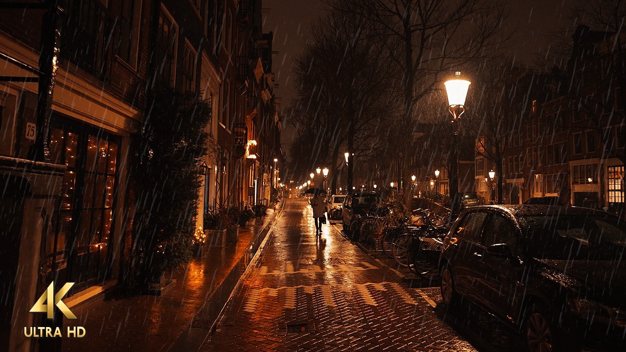 Midnight Rain Walk in Amsterdam • 4K ASMR • Rain Sounds for Sleep