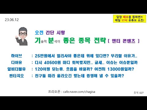 [오전종목전략] 하이브 디어유 알비더블유 <strong>판타지오</strong> 엔터 콘텐츠 주가 매매전략 230612
