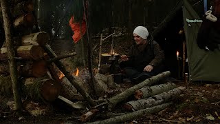 Fall - 3 day solo bushcraft, canvas lavvu, camping, wood stove, 2 camps, northern wilderness