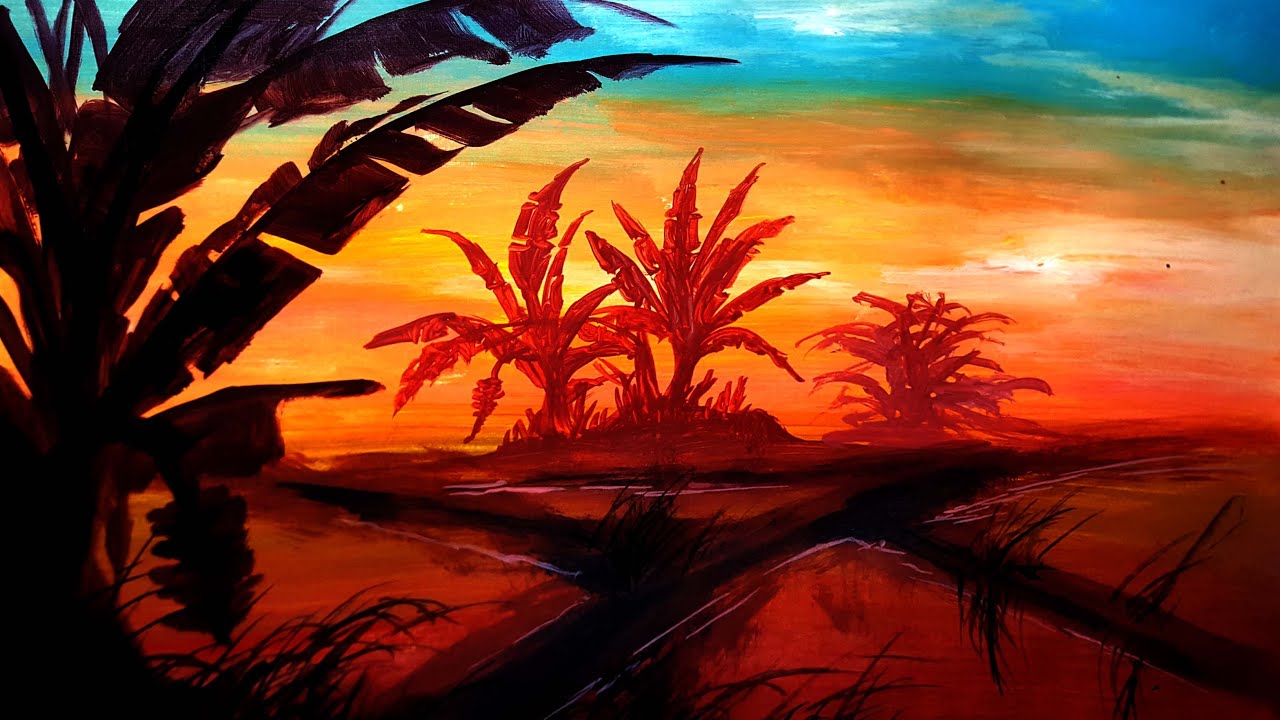  Cara  melukis  sunset dan pohon pisang  Pemandangan Indonesia 