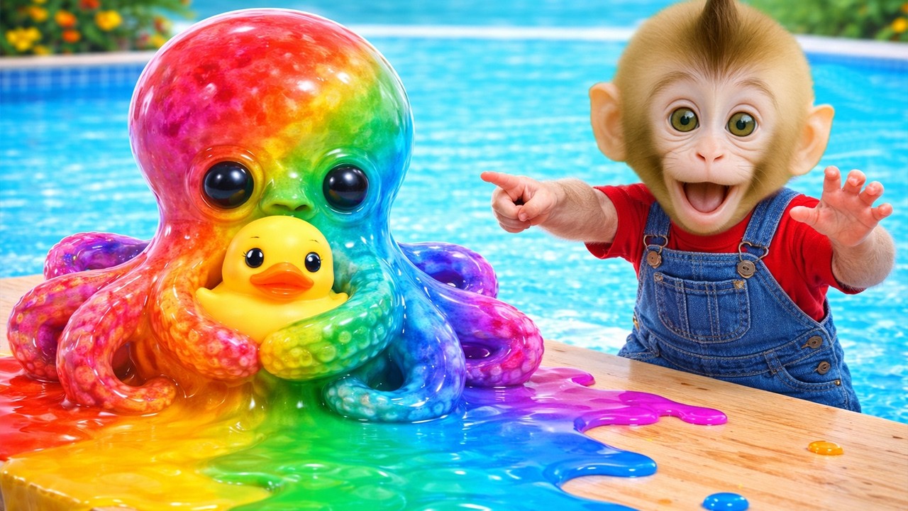 Bebé Mono  disfruta con entusiasmo una deliciosa gelatina de sandía colorida 🍉🌈🍮