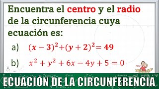 35. Determinar el centro y el radio de una circunferencia, dada la ecuación ordinaria o general.