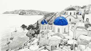 Santorini Pencil Sketch Art | 4K Frame TV Art &amp; OLED Screen Saver | Mediterranean Ambient Piano