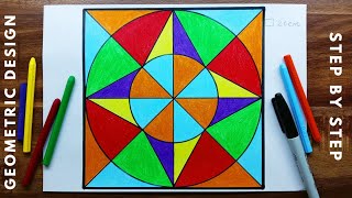 GEOMETRIC DESIGN IN SQUARE  DRAWING || 2D DESIGN DRAWING WITH COMPLEMENTARY COLOURS