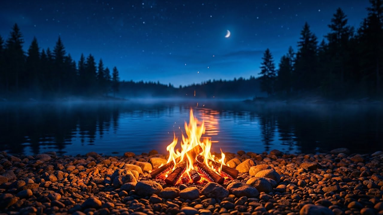 8 Hours Cozy Campfire by the Lake 🔥 Calm Night Ambience | Relaxing Fire Sounds & Gentle Water | 4K