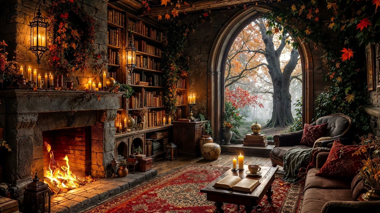 🍁📚 Autumn Reading Nook | Crackling Fireplace, Falling Leaves & Cozy Tea Ambience