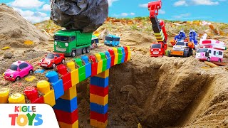 はたらくくるまがレゴの橋を建設するよ！工事車両・重機、ショベルカー、ダンプトラック、ミキサー車、のりもの | タヨスーパーレスキュー隊 | KIGLE TOYS - キッズおもちゃ