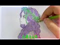 Instructions for coloring a picture of a purple-haired mermaid