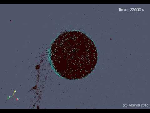 Planetary embryo collision: 0.8 Moon with 10% random water hits 0.5 Mars, 30deg, full spheres