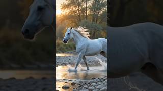 Majestic White Horse Running Through Water at Sunset | Cinematic 4K AI Video