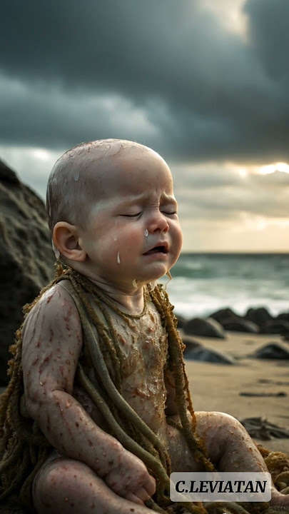 emotional crying baby at the edge of the sea