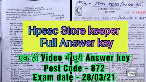 Hpssc store keeper ans key Post Code 872 on dated 28 March 2021 || Full Answer key