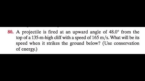 A projectile is fired at an upward angle of from the top of a m-high cliff with a speed of 165 . W
