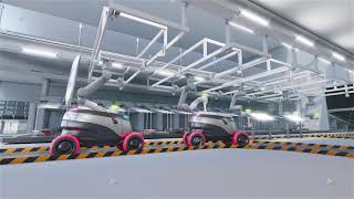 Product sorting plant. Loading autonomous delivery robots. 3D animation.