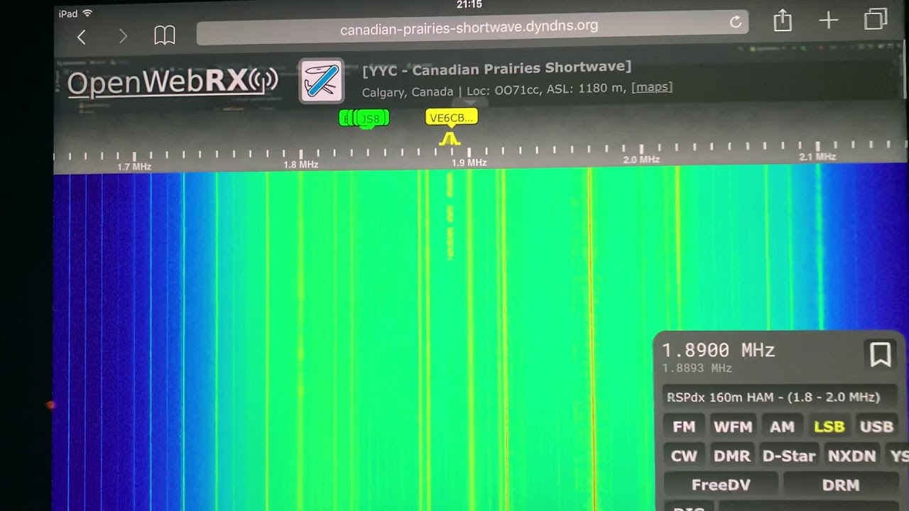 VE6CQ calling CQ on 160m Ham band on 1890 KHz in Calgary on OpenWebRX online SDR
