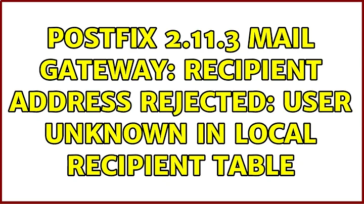 Postfix 2.11.3 Mail gateway: Recipient address rejected: User unknown in local recipient table