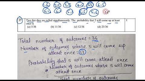 Q27.Two fair dice are rolled simultaneously. The probability that 5 will come up at least once is