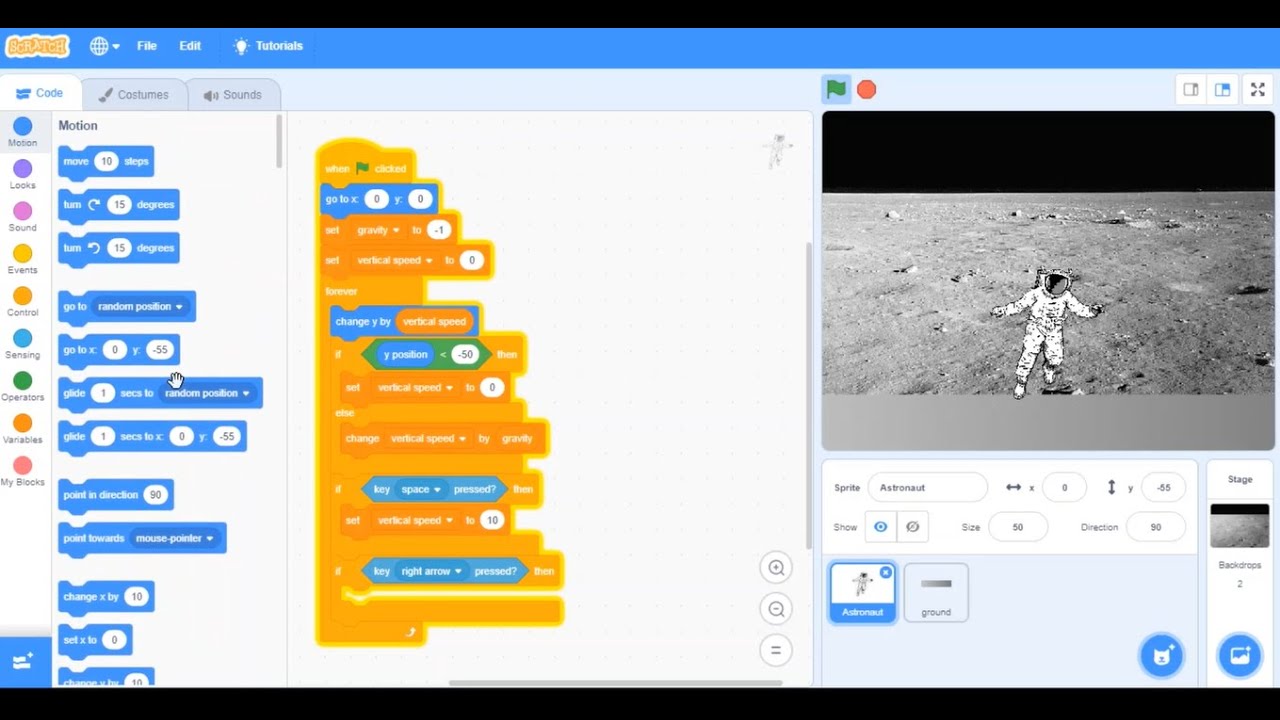 Scratch - Walking on the moon (How to use gravity in Scratch) - Lesson ...