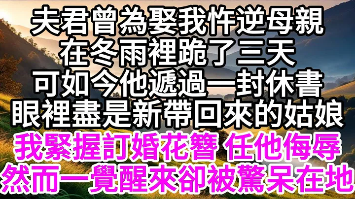 夫君曾为娶我忤逆母亲，在冬雨里跪了三天，可如今他递过一封休书，眼里尽是新带回来的姑娘，我紧握订婚时他送的花簪 任他侮辱，然而一觉醒来却被惊呆在地 【美好人生】 - 天天要闻