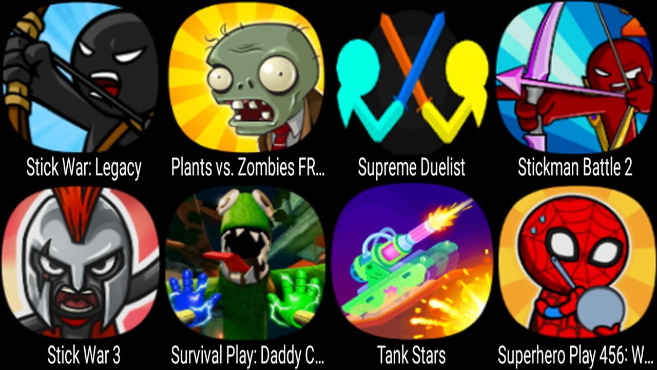 Bowmasters,Poppy Mobile,Death Park 2,Meme Face Hide Seek,Stick War Legacy,Supreme  Duelist Stickman 