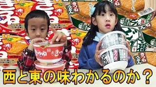 どん兵衛・赤いきつねのE・Wマークを食べて味の違いを確認！西日本と東日本味比べ