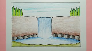 Cara Menggambar Pemandangan Air Terjun - How To Draw Easy Scenery